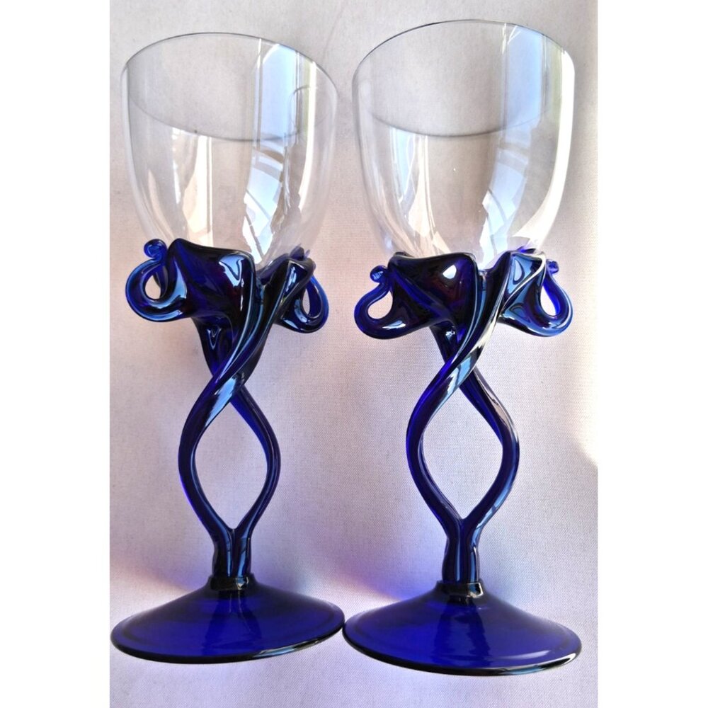 2 Jozefina Krosno Poland Wine Glasses Cobalt Blue Twisted Jelly Fish Stem